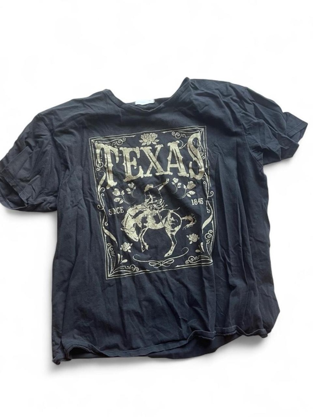 Altar'd State Black Graphic Tee with Cream Floral Accents